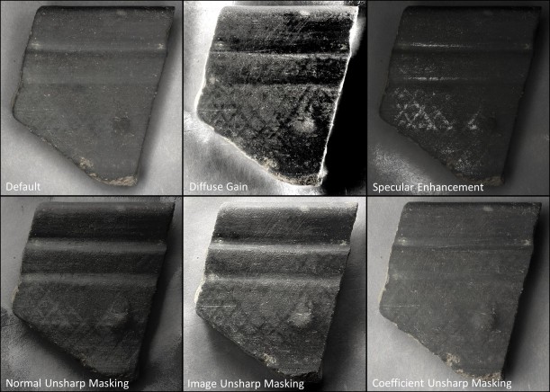 Fig. 7. A bucchero sherd (inv. PC 14-062) with reticulate burnishing, nearly invisible under even light (note the ‘Default’ image). Modes like ‘Normal Unsharp Masking’ can reveal the very subtle, recessed burnishing marks, and others like “Diffuse Gain’ can contrast them.